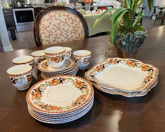 #16B $120 Delphine England dessert set Antique 
	6 cups & saucers / 6 dessert plates
	2 platters 
