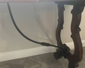 #42 $380	Wood wrought Iron foyer table 59wx19dx30h  iron stretcher from DUH	