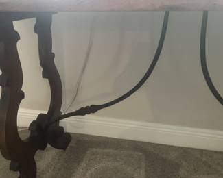 #42 $380	Wood wrought Iron foyer table 59wx19dx30h  iron stretcher from DUH	