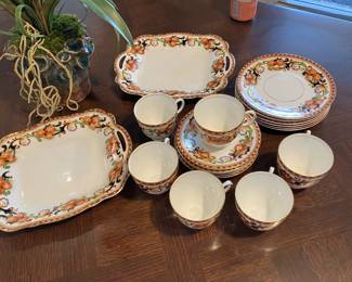 #16B $120 Delphine England dessert set Antique 
	6 cups & saucers / 6 dessert plates
	2 platters 
