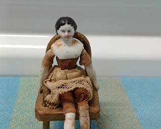 Antique Doll w Porcelain Head Metal Chair