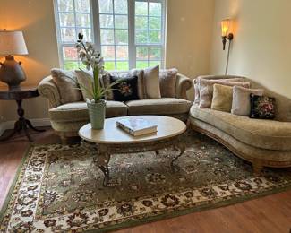 Sofas, lamp, side table, coffee table
(Green rug not for sale)