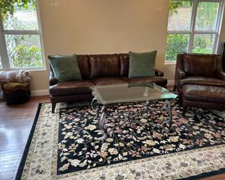 Leather sofa & chair, rug, coffee table