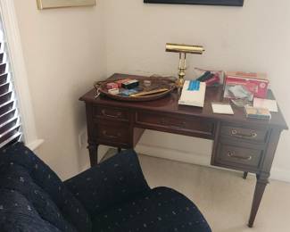 writing desk, accent chair, art