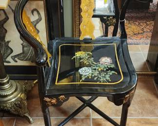 Asian Black Lacquer Gold Leaf Corner Chair
