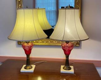 Cranberry etched table lamps