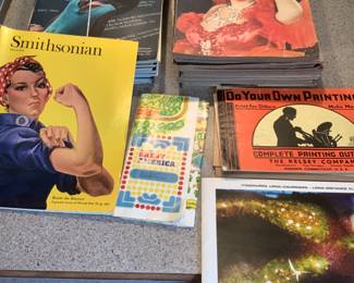 Vintage 1950s Smithsonian magazines, theatre arts magazines, older Great America map, Air France booklet, and other older ads