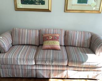 Blue, white and soft peach stripe sofa