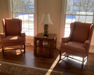Two wing back chairs, end table and lamp