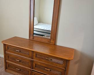 Two-piece bedroom set, long dresser with mirror and one night stand. Discount price Saturday $50