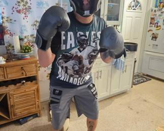 Here's me modeling the sparring gloves and face mask