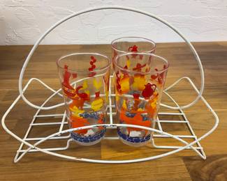 Cool vintage glass caddy with some colorful Mexican western theme mid century glasses