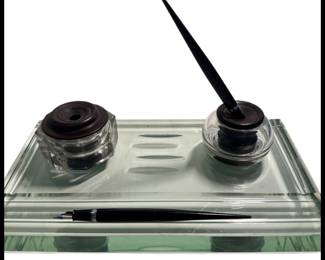 Incredible heavy glass (crystal ?) desk pen holder with removable glass inkwells 