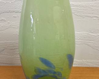 Art Glass Flower Vase Green Blue Splatter three footed base 