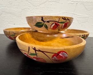 Vintage Wood With Hand Painter Cherries Bowls