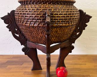 Stunning Boho Asian inspired Woven basket with hand carved Stand 