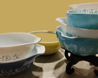 Pyrex:  2 Colonial Mist Cinderella and Butterprint Turquoise Cinderella Set SOLD Yellow Bowl -SOLD