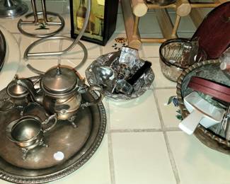 Silver-plate tea set, wine stoppers