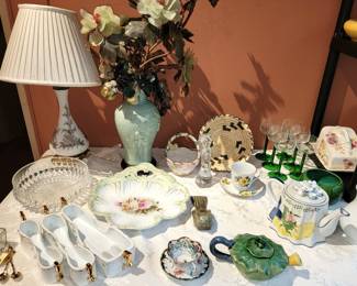 China  serving pieces, servers, bowls, cups and saucers, tea pots.