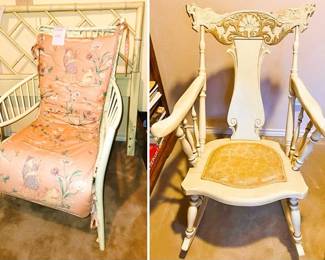 Vintage Bamboo chair with similar twin headboard.  Unique rocking chair with foo dog (?) carving