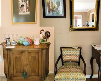 Small credenza, framed art and mirrors, arm chair