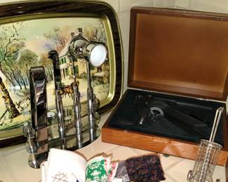 Bar items: stemware, napkins, tools, ice buckets, trays, wine stoppers