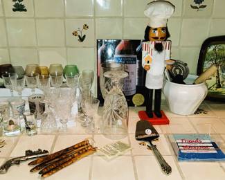 Bar items: stemware, napkins, tools, ice buckets