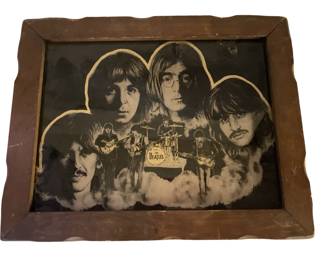 Beatles Band Reverse Painted Glass Mirror 1970s IBM Black White Gold Sparkle Framed