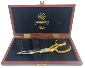 Mundial Gold Handled Scissors in Wood Case