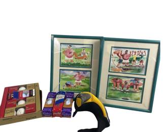 Framed Sets of Prints Signed by Artist Golf Humor & 21 New Balls Spalding Top-Flite +