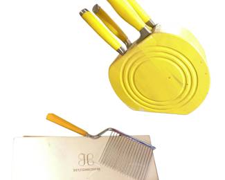 Vintage FIESTA Dinnerware Knife Block + 5 Knives Sharpener Yellow + Angel Food