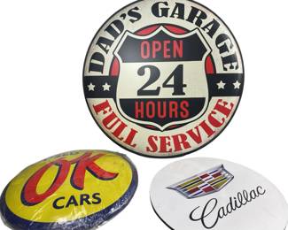 Tin Buttons Dad's Garage, Used OK Cars, Wood Cadillac