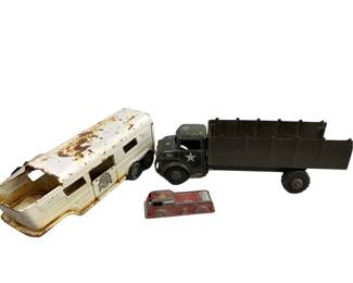 1950s Marx Lumar US Army Transport Carrier Truck 5417314 Pressed Metal Toy + ERTL + EXCEL Firetruck