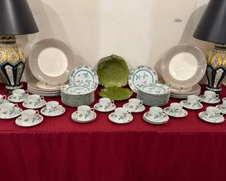 Gien Chargers, Faience Provencole Cabbage Leaf Plates, and Mottahedeh "Famille Verte" Dishes