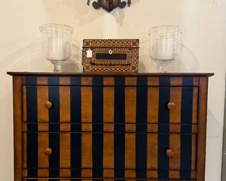 Chest, Antique Inlaid Box, Simon Pierce Hurricane Candle Holders, and Eastlake Shelf