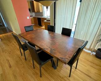 Dining Room Copper Top- 78" x 40" x 30"- $1300 (Luna Rustica)
6 Black Metal Chairs with cushioned back and seats 36" x 16" -$150 entire set