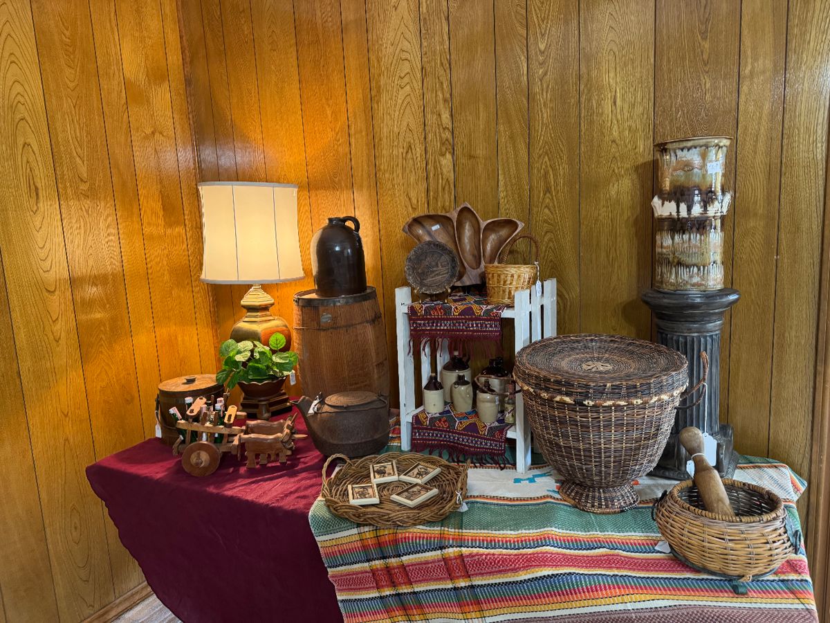 Great baskets, fun wagon and pottery.