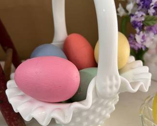 VINTAGE MILK GLASS BASKET,  EASTER DECOR