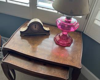 VINTAGE NESTING TABLES HAVE BEEN SOLD. OIL LAMP, DECOR AVAILABLE FOR SATURDAY PURCHASE