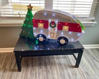 Lot 010-LR: Christmas Light-Up Travel Trailer Décor and Bench