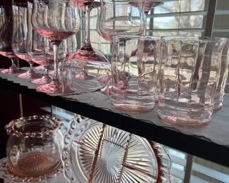 Pink depression glasses 
Open lace divider platter 