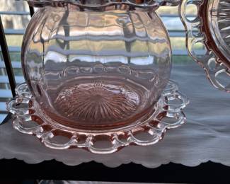Pink depression open lace rose bowl and underplate 