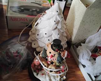 ceramic tree with lights and other Christmas