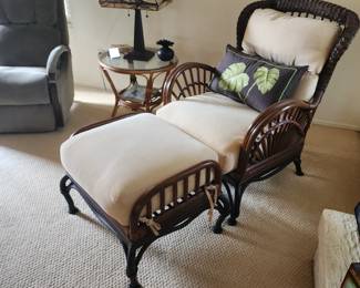 Lounge Armchair with Ottoman Natural Rattan Wicker Handmade Design with Cream Cushion and Iron Base