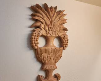 Wood Carved Flower Fruit Urn Vase Wall Plaque