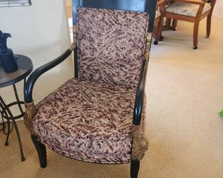 French Style Ebonized Wood Carved Dolphin Upholstered Armchair