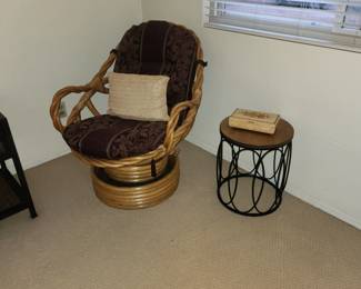 Beautiful Rattan Swivel / Statement Chair & Round Small Wood Top with Oval Metal Table