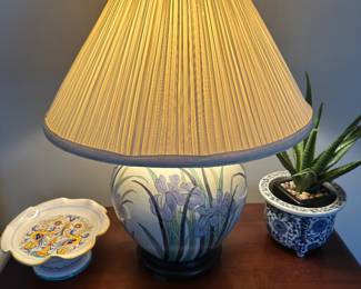 Vintage hand painted ball iris pottery lamps one is a pair 