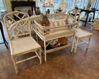 Vintage bamboo chairs, antique wicker bassinet 