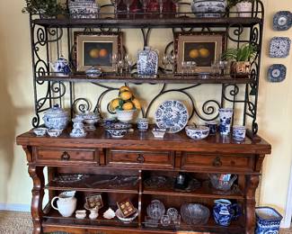 French country pine and iron two piece hutch